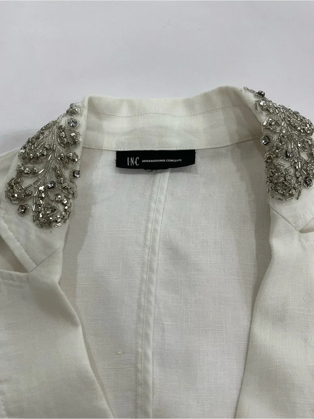 INC International Concepts White Linen Ruch Sleeve Peplum Jacket